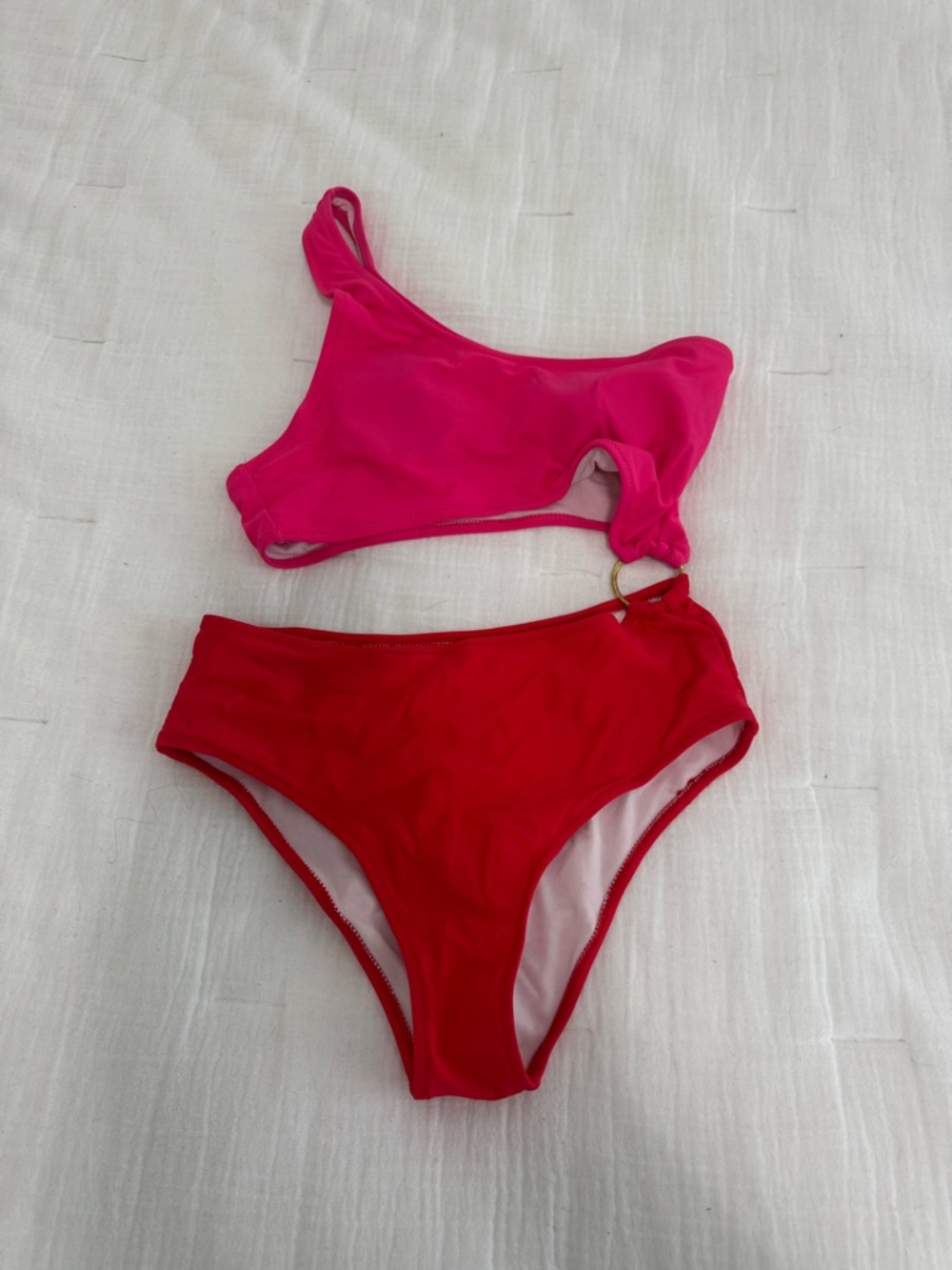 SHEIN Colorblock One-Shoulder Two-Piece Swim Set in Hot Pink and Red